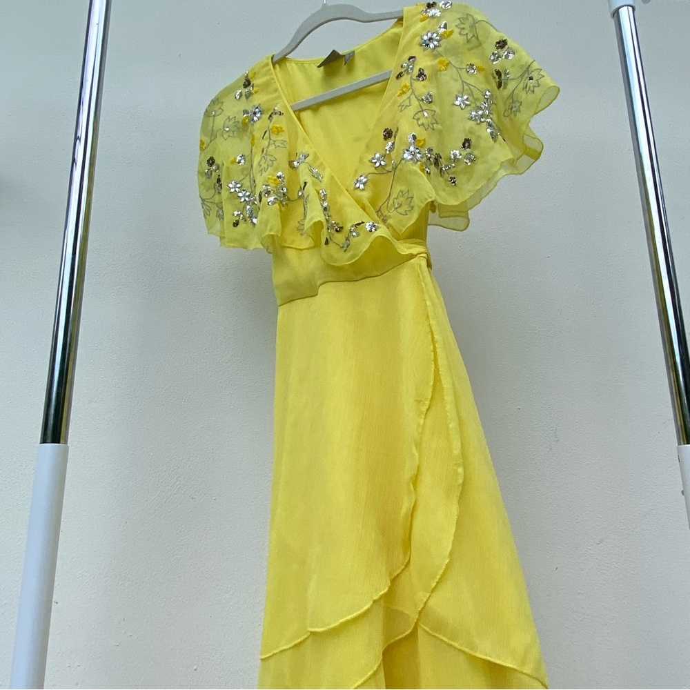 ASOS Yellow Beaded Chiffon Fairy Wrap Dress Size 4